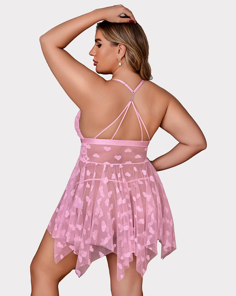 Plus Size Pink Lace Babydoll with Heart Details, Asymmetrical Hem, Rhinestone Straps