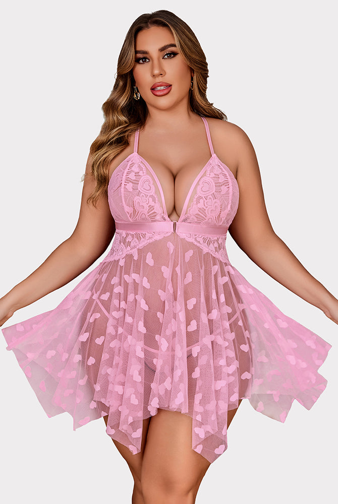 Plus size pink babydoll nightdress with heart details, asymmetrical hem, and sheer cups