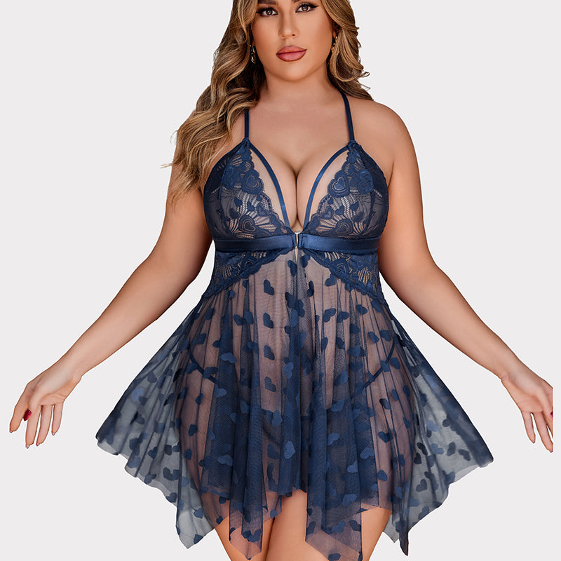 Plus Size Navy Blue Lace Babydoll Nightdress with Heart Details and Asymmetrical Hem