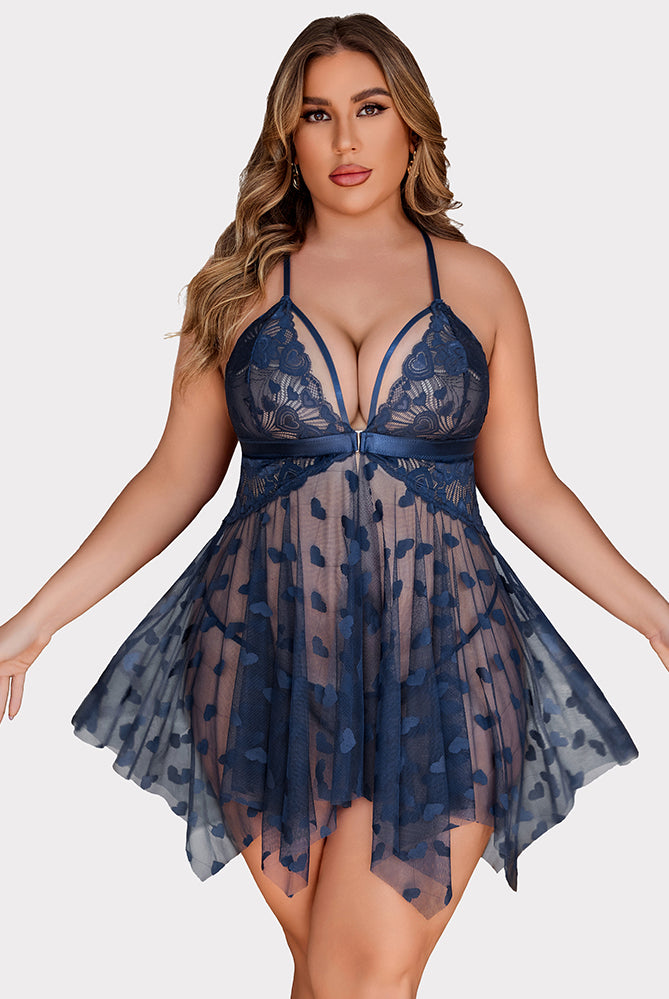 Plus Size Navy Blue Lace Babydoll Nightdress with Heart Details and Asymmetrical Hem