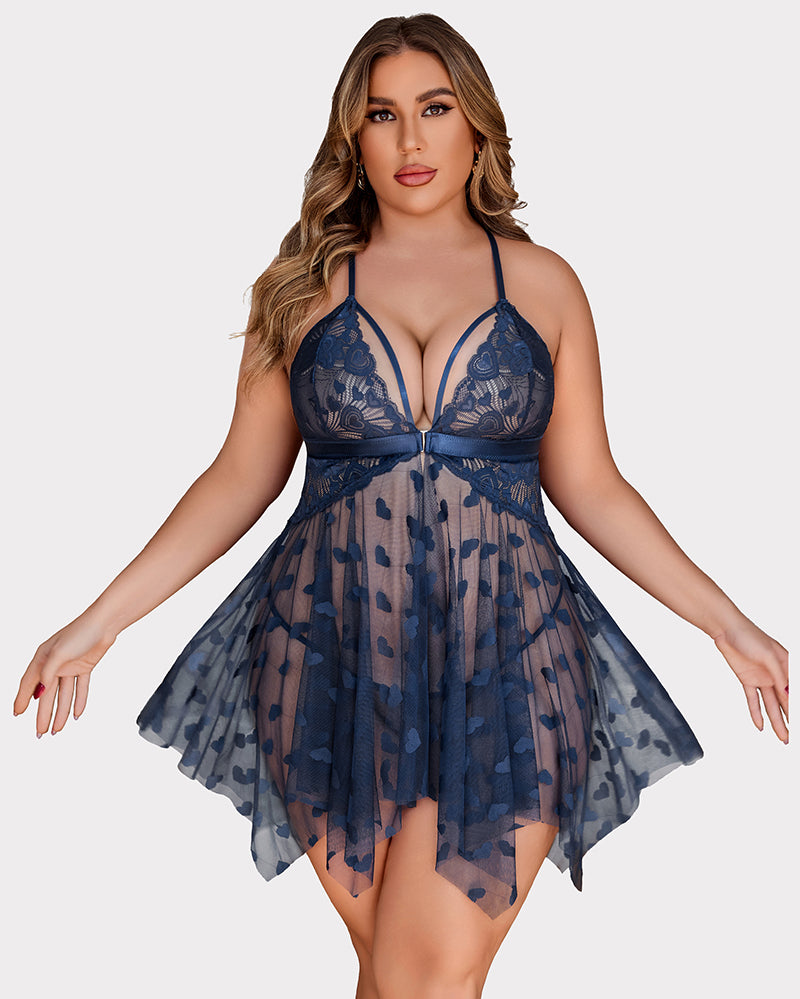 Plus Size Navy Blue Lace Babydoll Nightdress with Heart Details and Asymmetrical Hem