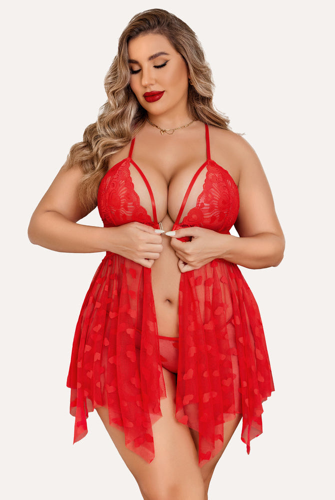 Plus Size Red Lace Babydoll Nightdress featuring heart details and adjustable straps