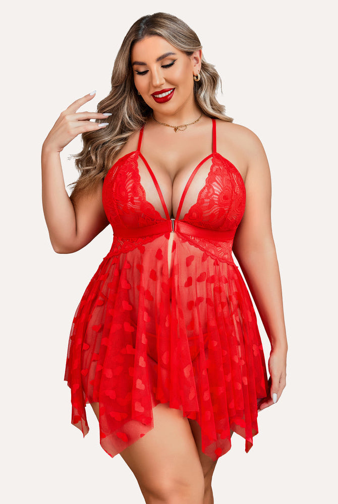 Plus Size Red Lace Babydoll with heart details, asymmetrical hem, adjustable straps