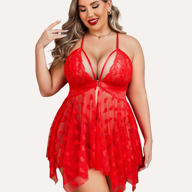 Plus Size Red Lace Babydoll with heart details, asymmetrical hem, adjustable straps