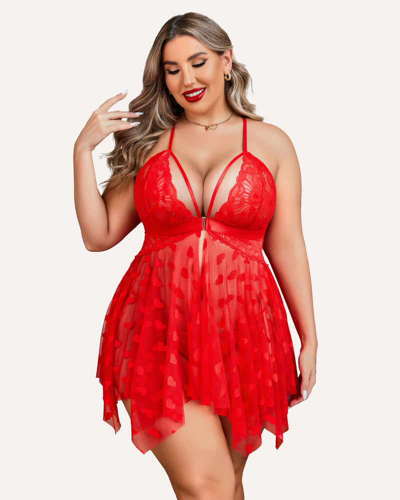 Plus Size Red Lace Babydoll with heart details, asymmetrical hem, adjustable straps