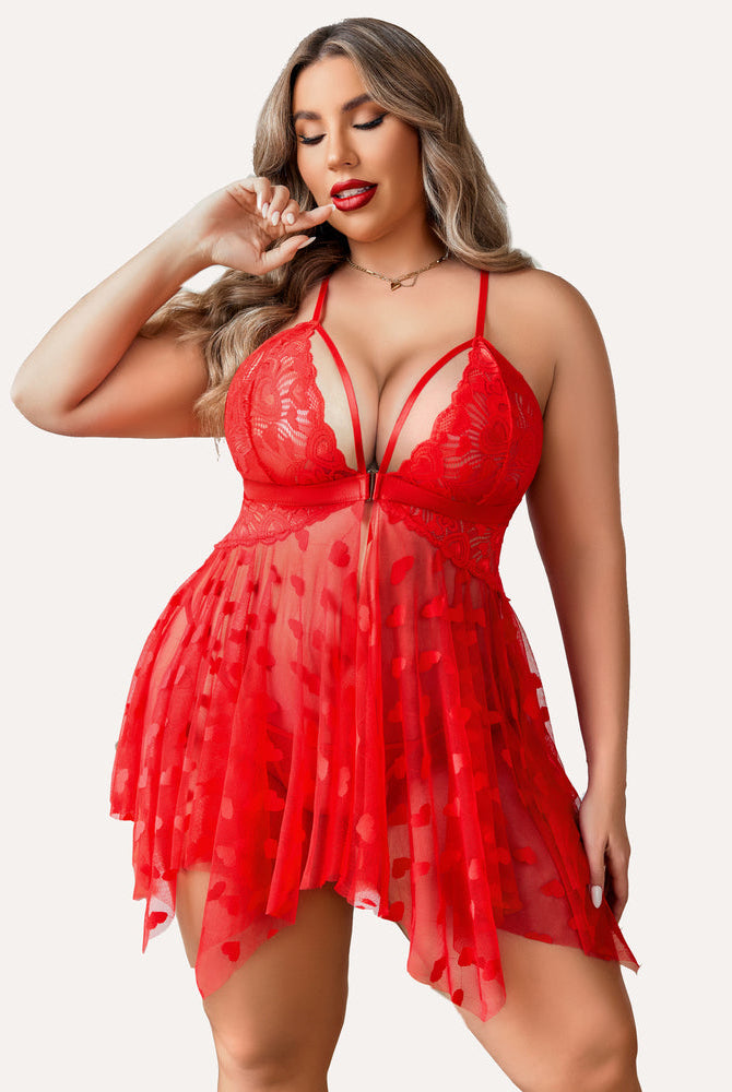 Plus size red lace babydoll nightdress with heart details, asymmetrical hem and rhinestone straps