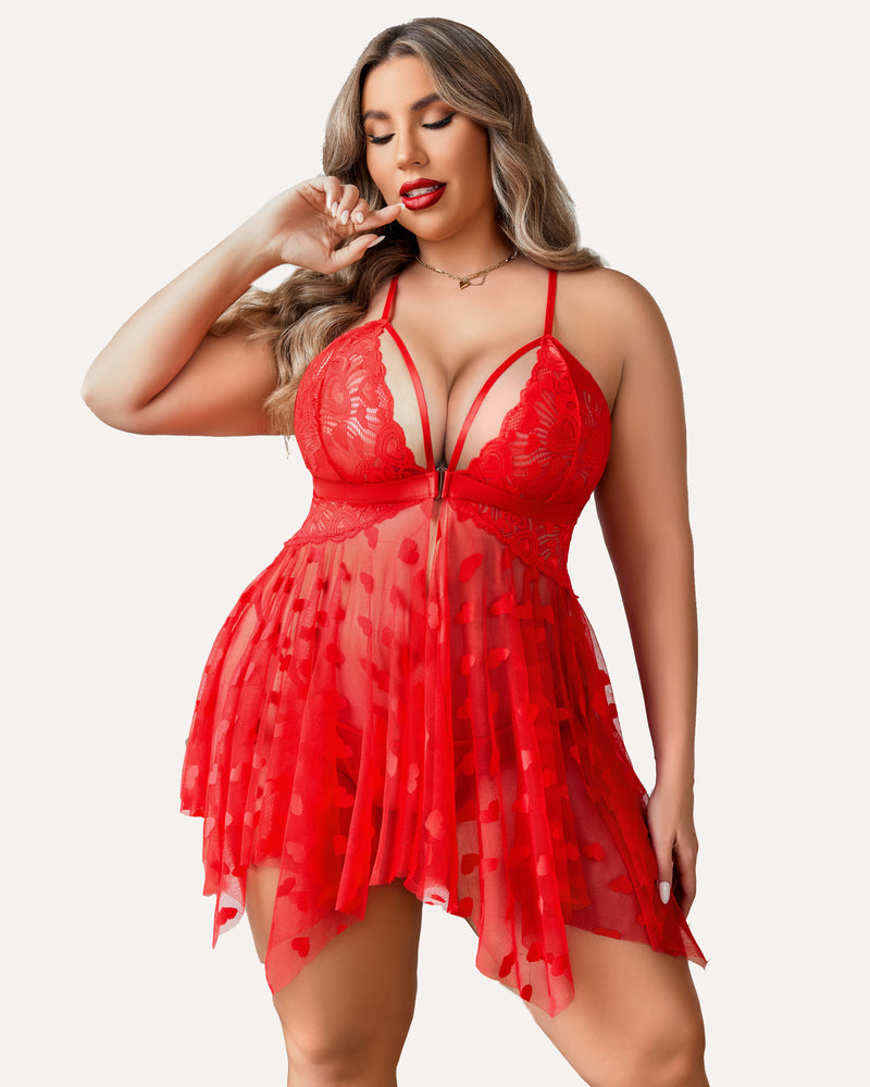 Plus size red lace babydoll nightdress with heart details, asymmetrical hem and rhinestone straps