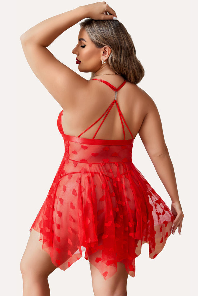 Plus size red babydoll nightdress with rhinestone straps and heart details