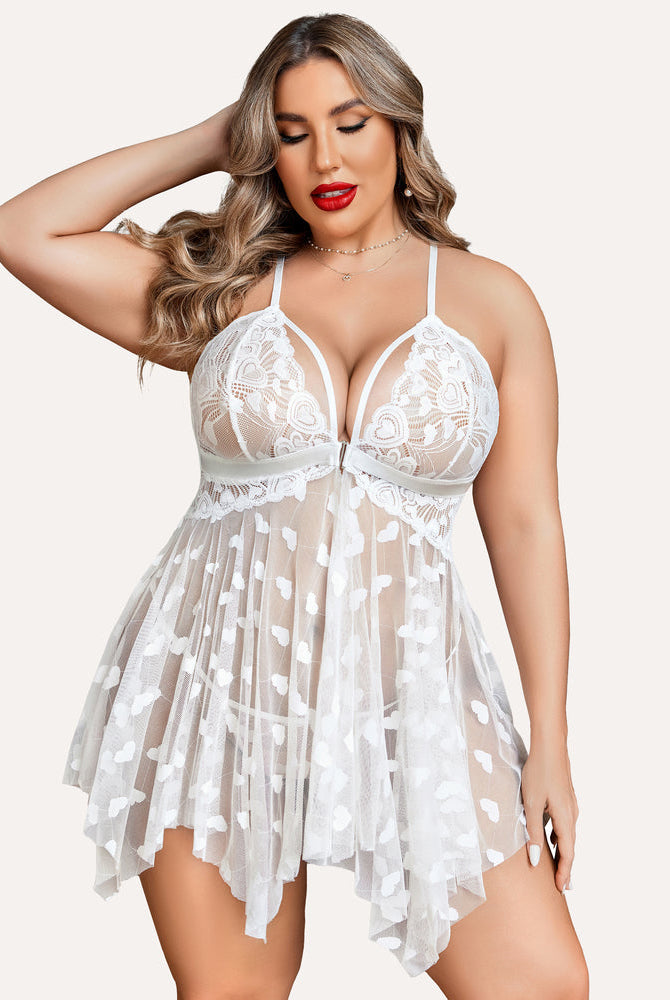 Plus Size White Lace Babydoll Nightdress with Heart Details, Asymmetrical Hem