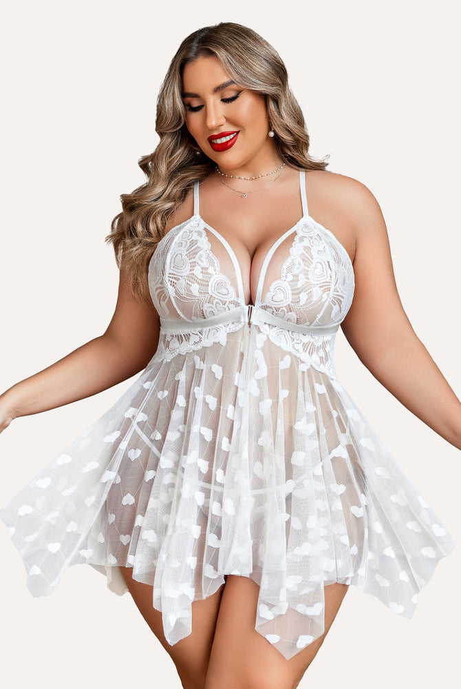 Plus Size White Lace Babydoll Nightdress, Heart Details, Adjustable Straps, Asymmetrical Hem