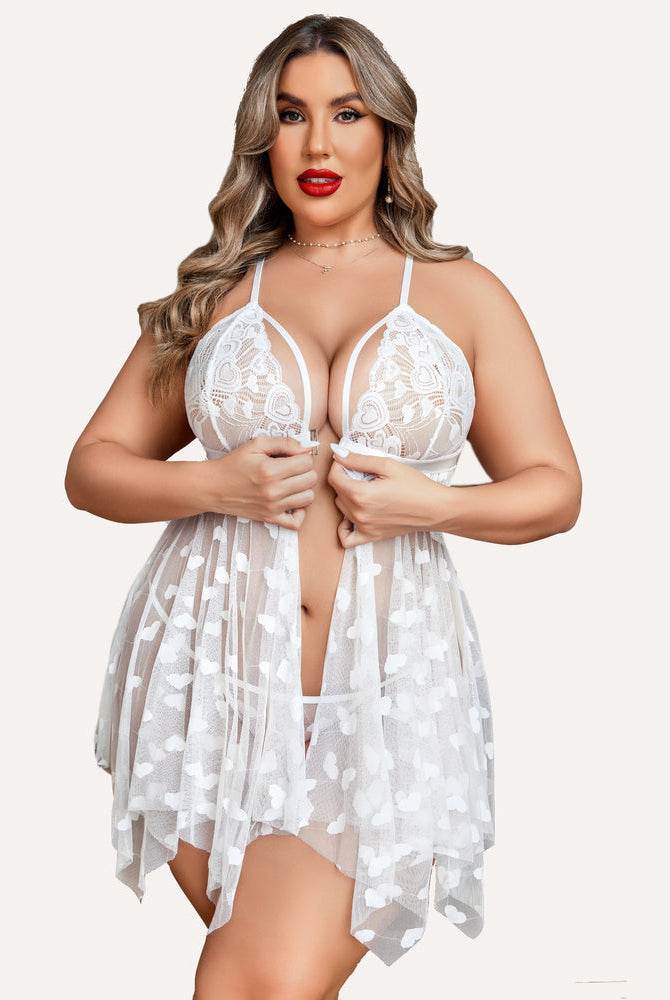 Plus Size White Lace Babydoll with Heart Details, Butterfly Appliques and Asymmetrical Hem