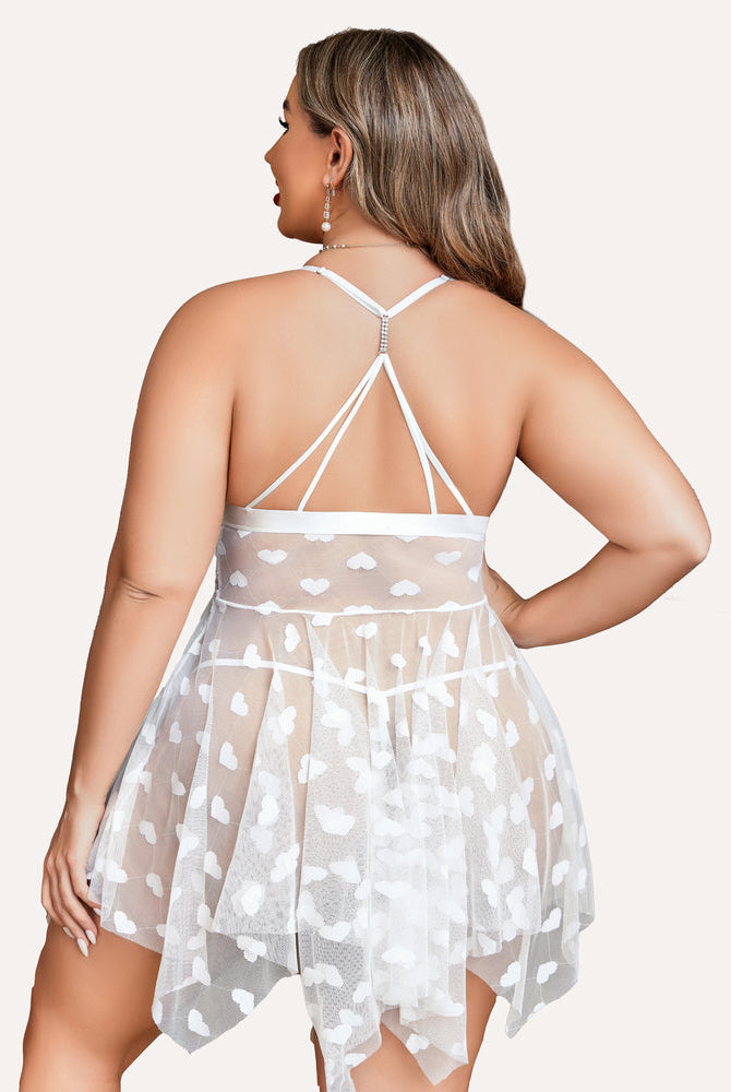 Plus Size White Babydoll Nightdress with Heart Details, Asymmetrical Hem, Rhinestone Straps
