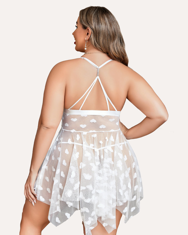 Plus Size White Babydoll Nightdress with Heart Details, Asymmetrical Hem, Rhinestone Straps