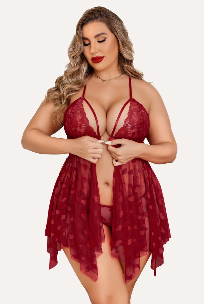 Plus Size Burgundy Babydoll Nightdress with Heart Details, Lace, Halter Top, Asymmetrical Hem