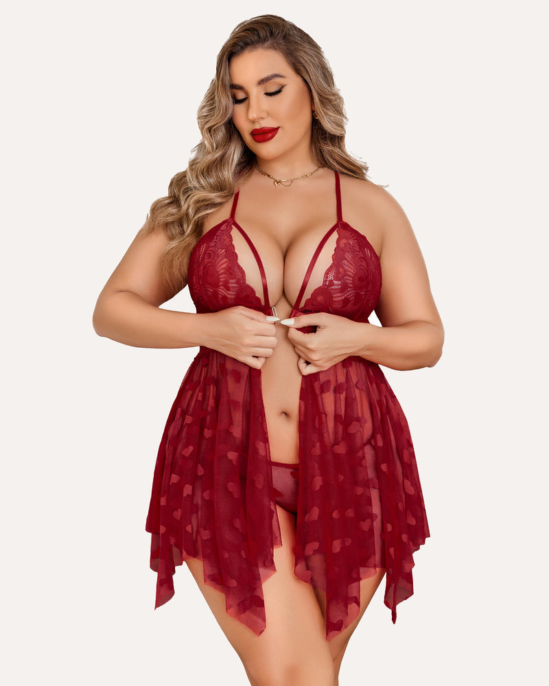 Plus Size Burgundy Babydoll Nightdress with Heart Details, Lace, Halter Top, Asymmetrical Hem