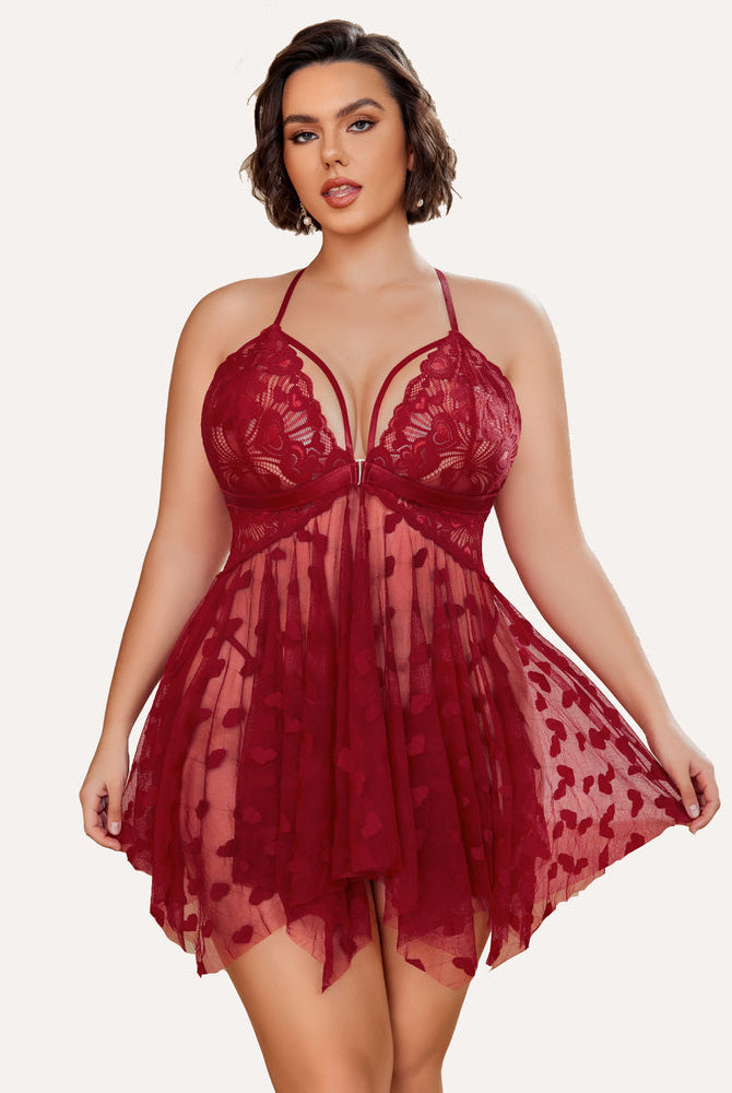Plus Size Red Lace Babydoll Nightdress with Heart Details and Adjustable Straps