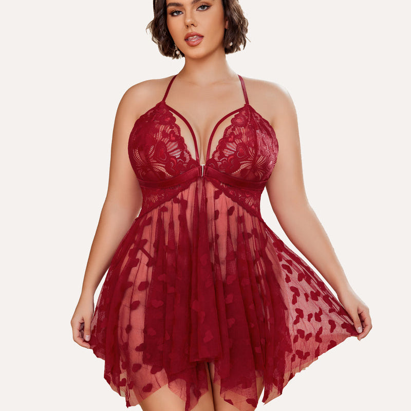 Plus Size Red Lace Babydoll Nightdress with Heart Details and Adjustable Straps