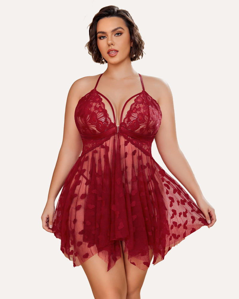 Plus Size Red Lace Babydoll Nightdress with Heart Details and Adjustable Straps