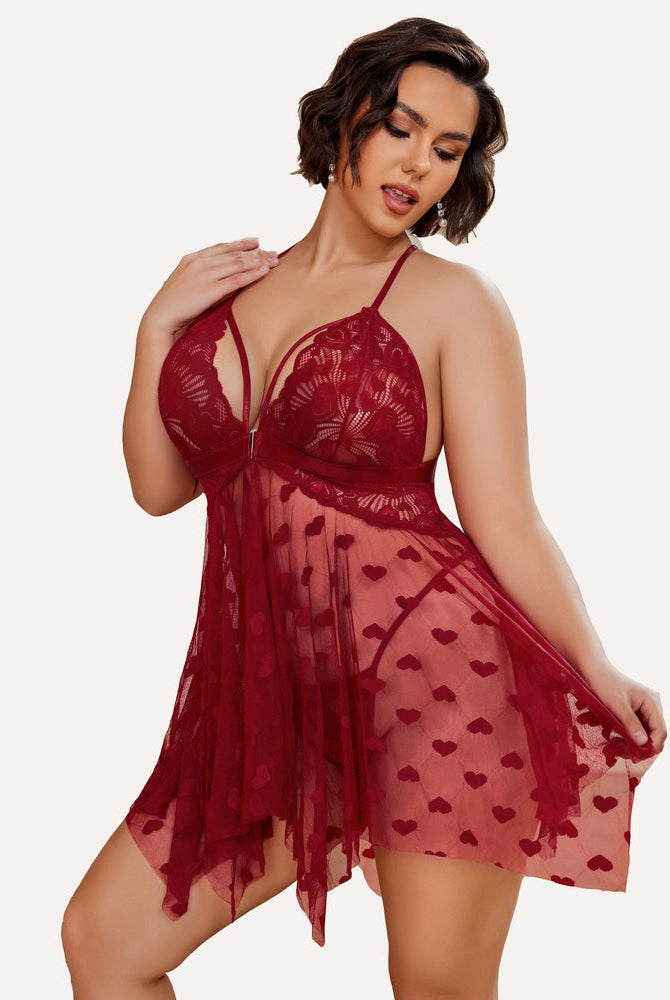 Plus Size Burgundy Lace Babydoll with Heart Details and Asymmetrical Hem
