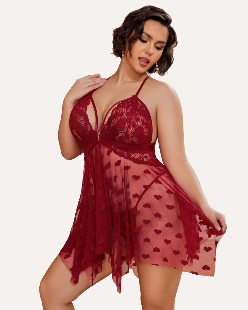 Plus Size Burgundy Lace Babydoll with Heart Details and Asymmetrical Hem