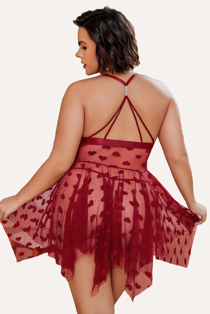 Plus Size Burgundy Babydoll Nightdress with Heart Details, Rhinestone Strap and Asymmetrical Hem