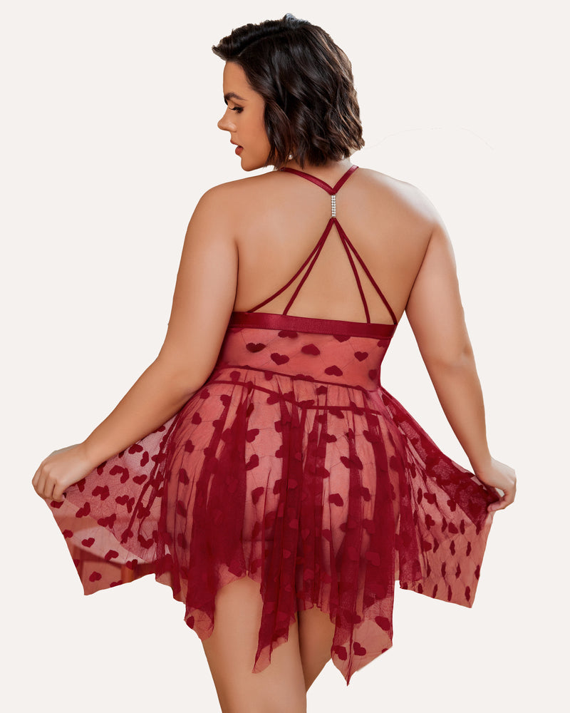Plus Size Burgundy Babydoll Nightdress with Heart Details, Rhinestone Strap and Asymmetrical Hem