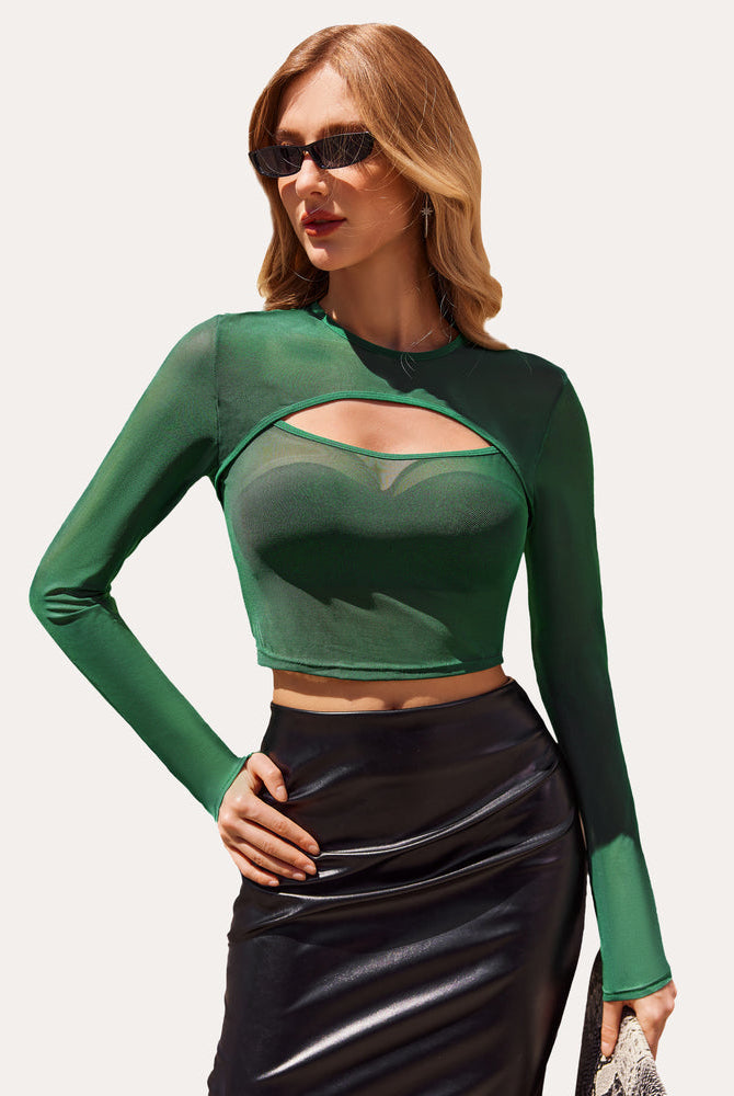 Green mesh cutout long sleeve crop top with black mini skirt, perfect for party or club wear.
