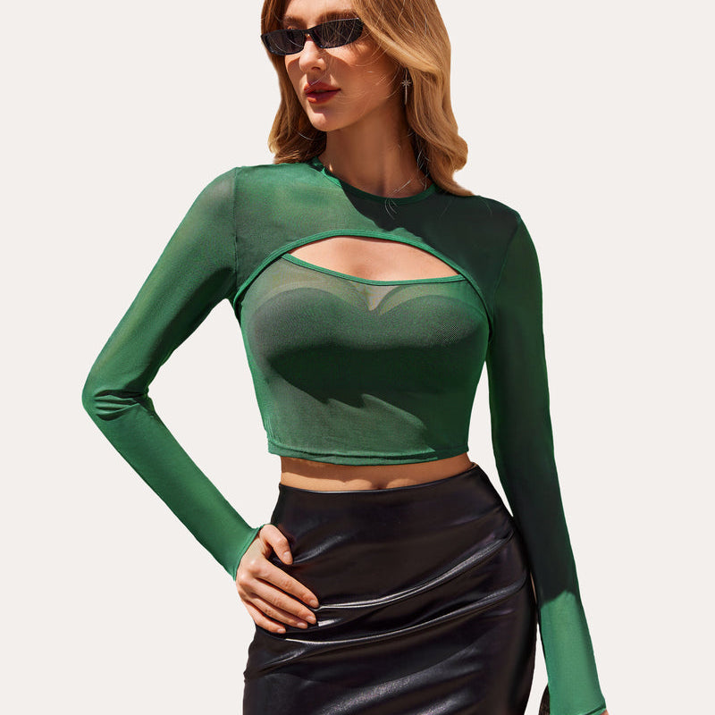 Green mesh cutout long sleeve crop top with black mini skirt, perfect for party or club wear.