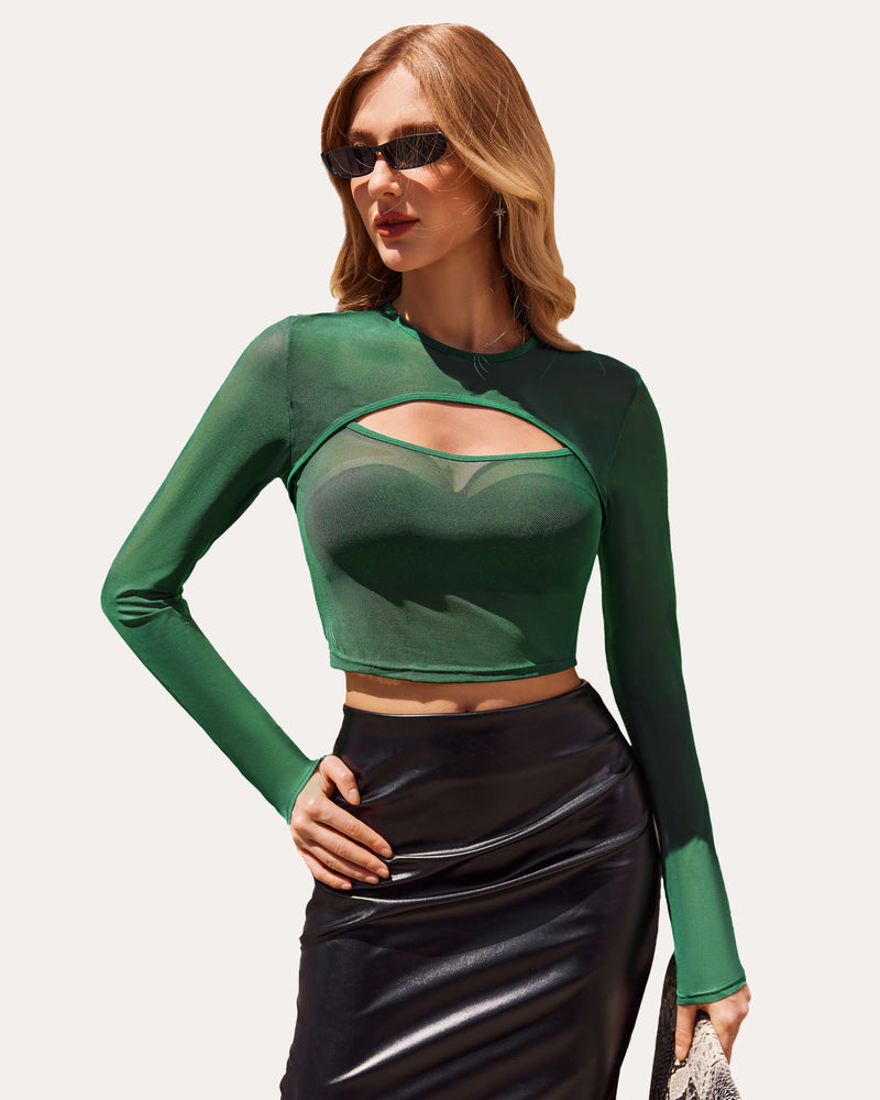 Green mesh cutout long sleeve crop top with black mini skirt, perfect for party or club wear.
