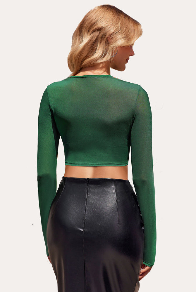 Green mesh crop top and black leather skirt, perfect club outfit, Avidlove long sleeve crop top
