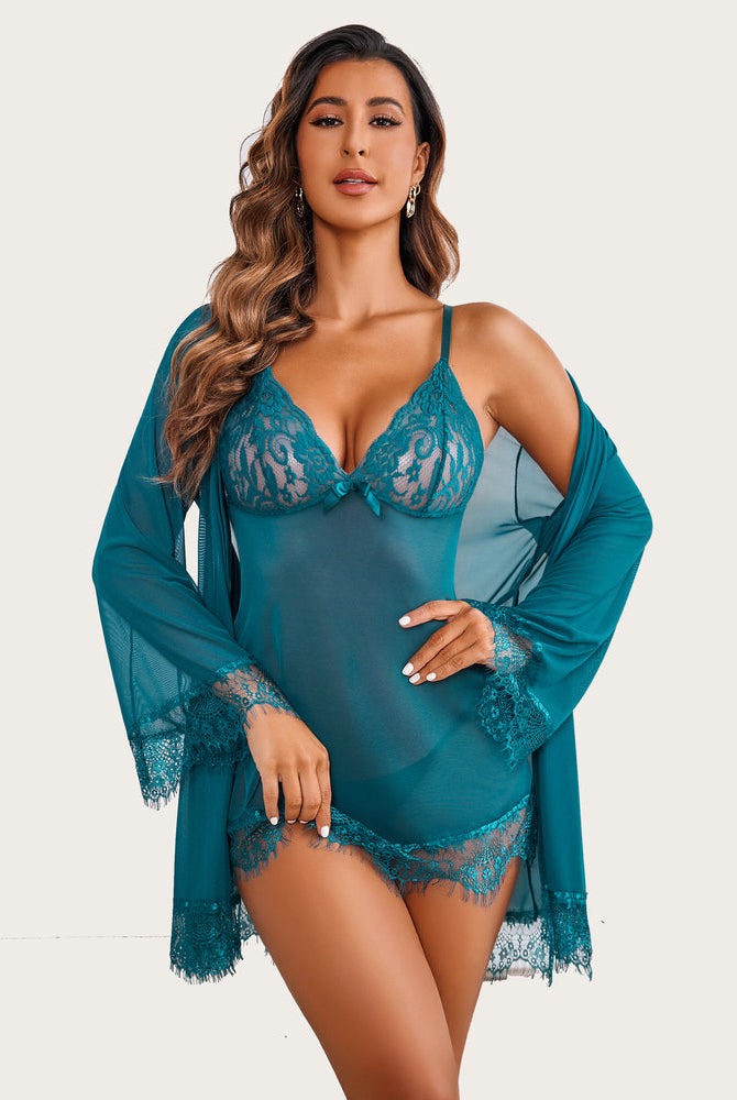 Teal three-piece mesh robe and lace babydoll lingerie set, perfect for showing curves, Avidlove