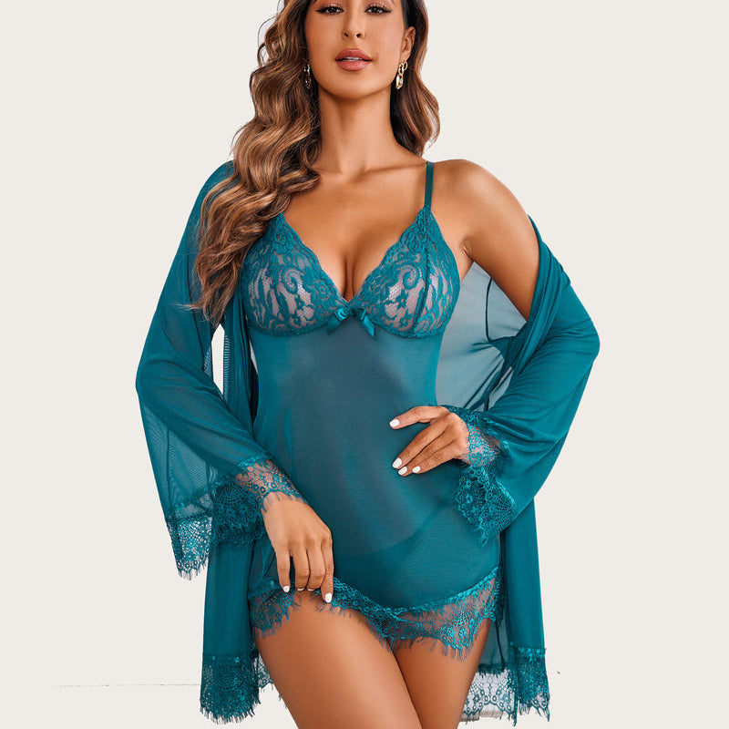 Teal three-piece mesh robe and lace babydoll lingerie set, perfect for showing curves, Avidlove