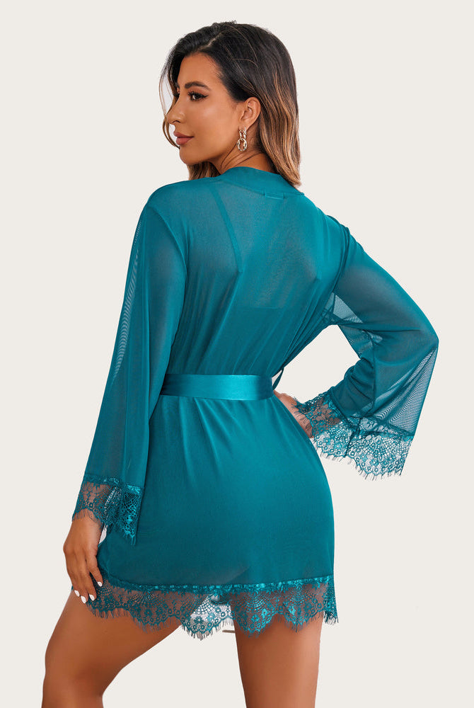 Teal mesh robe with lace trim and satin belt, showing curves for women. Avidlove design.