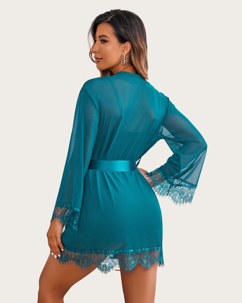 Teal mesh robe with lace trim and satin belt, showing curves for women. Avidlove design.