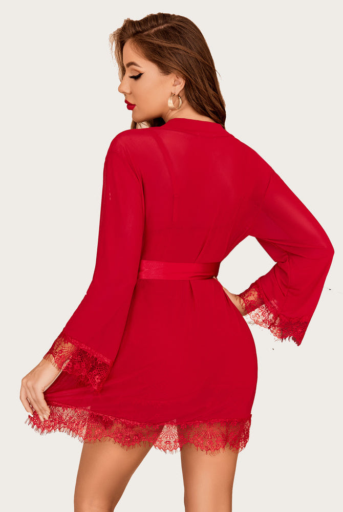 Red mesh robe with lace trim, satin belt, showing curves and confidence, perfect for women