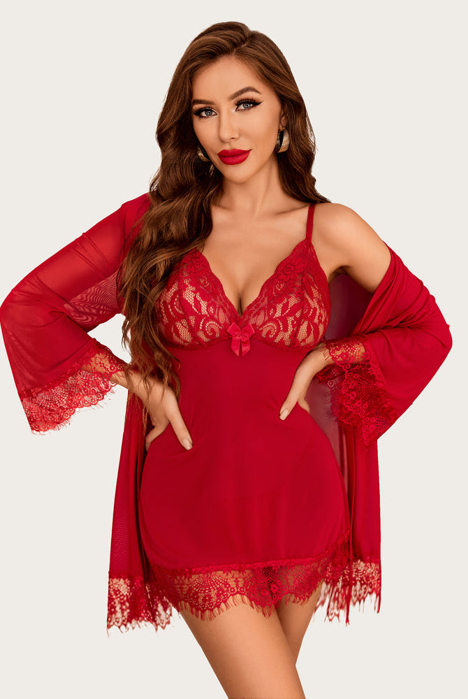 Avidlove red mesh robe and lace babydoll lingerie set; designed for women.