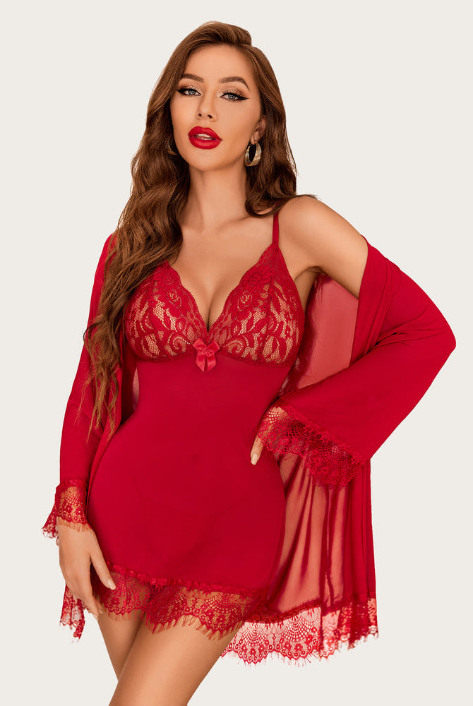 Red mesh robe and lace babydoll lingerie set, designed to enhance curves by Avidlove.