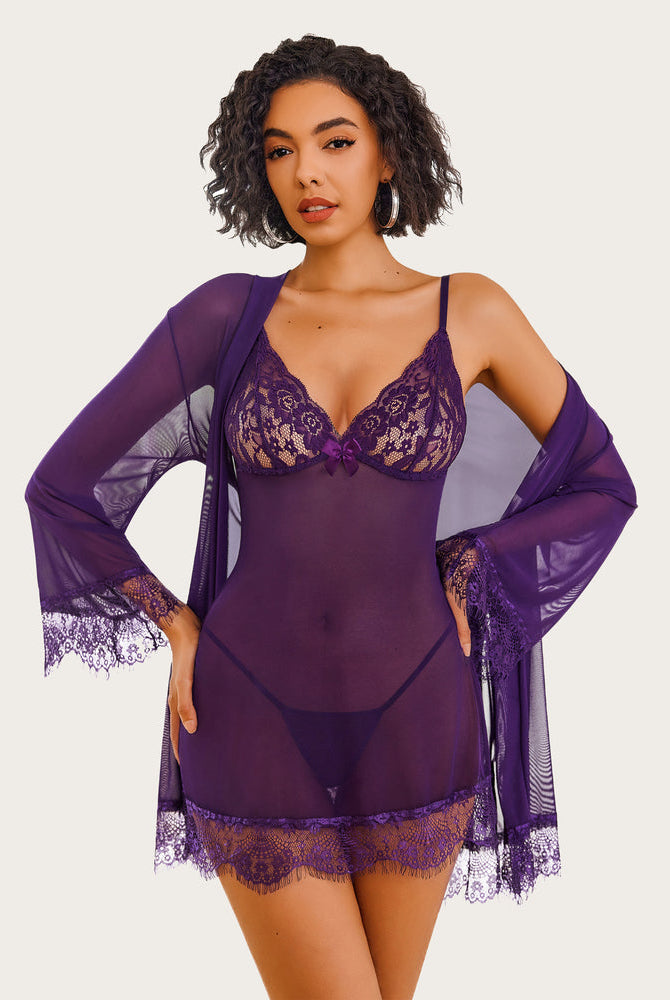 Avidlove purple mesh robe and lace lingerie set; designed to enhance curves and confidence for women