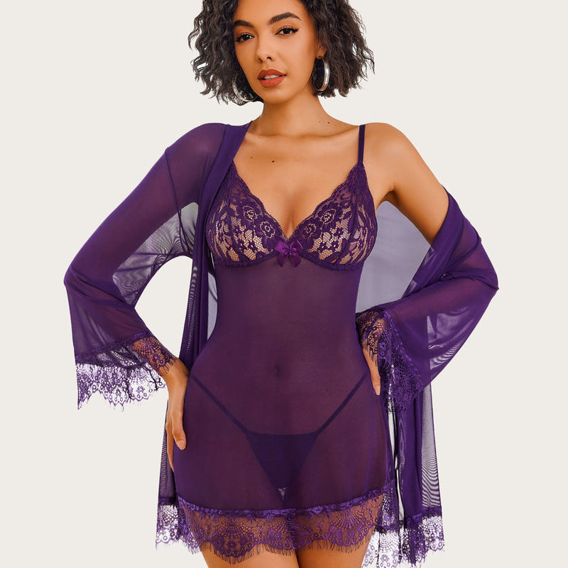 Avidlove purple mesh robe and lace lingerie set; designed to enhance curves and confidence for women
