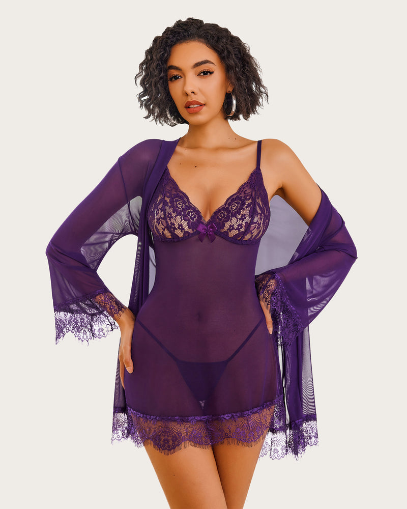 Avidlove purple mesh robe and lace lingerie set; designed to enhance curves and confidence for women