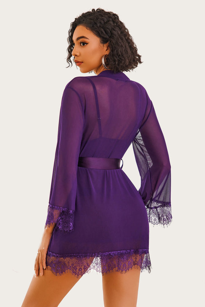 Avidlove purple mesh robe lingerie set; lace trim, satin belt, and bell sleeves for women