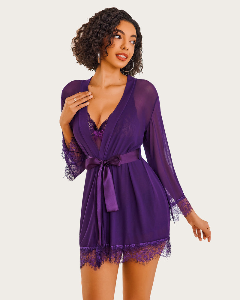 Avidlove purple mesh robe and lace lingerie set; satin belt and lace trim babydoll for women.