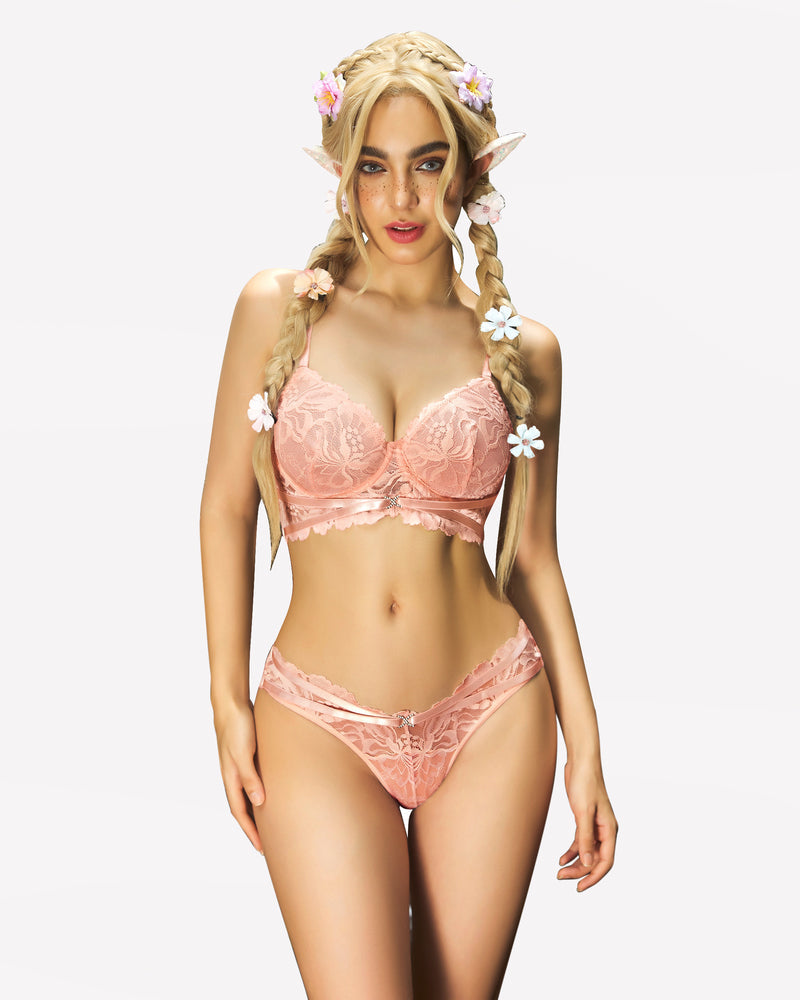 Pink lace push-up bra and panty set with rhinestone detail, sexy lingerie for women