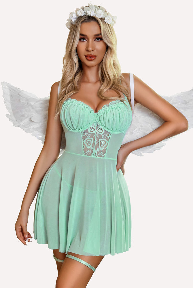 Avidlove mint green babydoll with lace, angel wings, V-neck lingerie