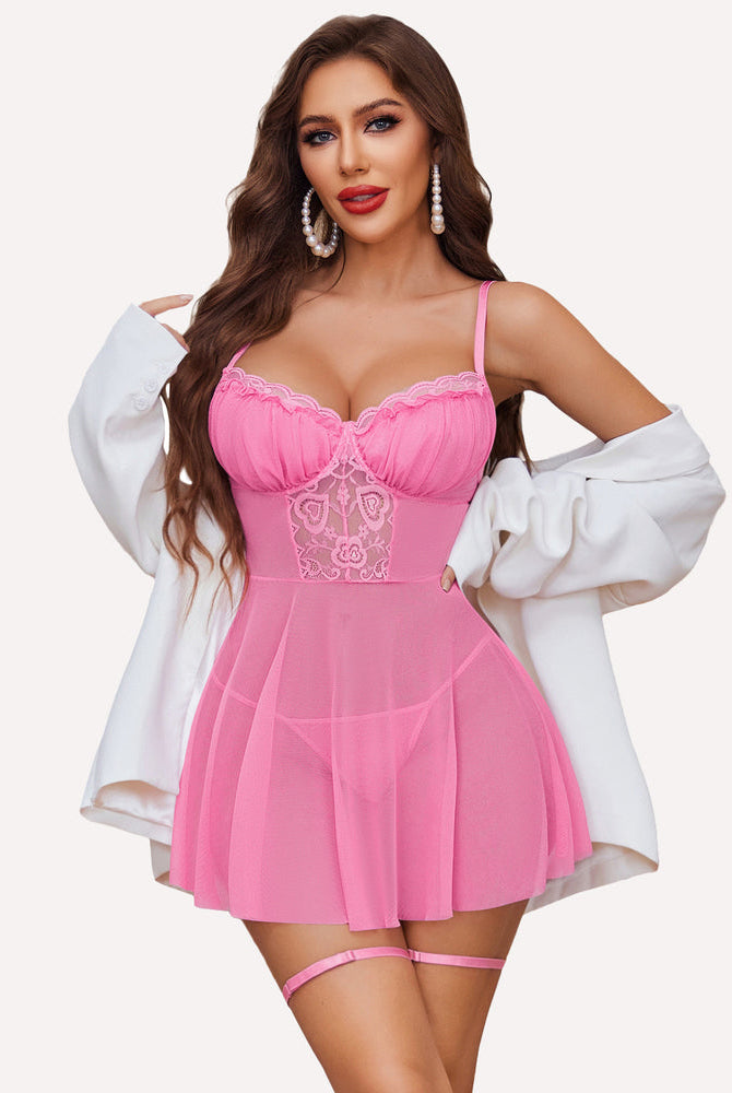 Pink mesh babydoll nightdress with adjustable straps and garter. Sexy lingerie from Avidlove.