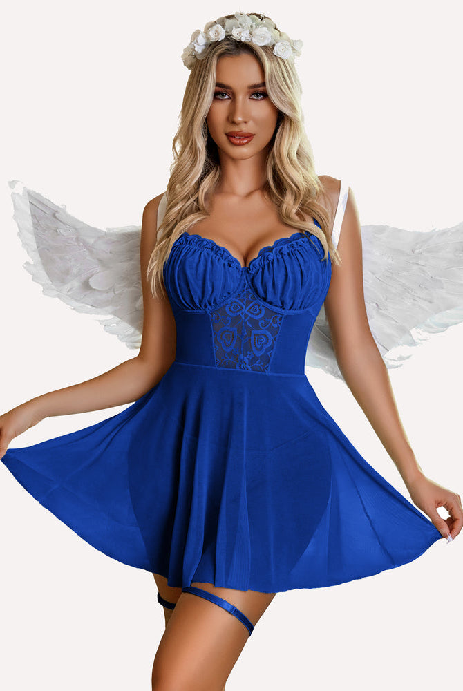 Avidlove blue mesh V-neck babydoll with angel wings. Adjustable straps, garter. Sexy lingerie.