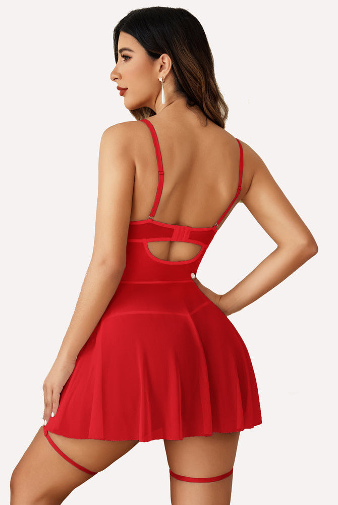 Avidlove Red mesh babydoll nightdress with adjustable straps and garter. Sexy lingerie.
