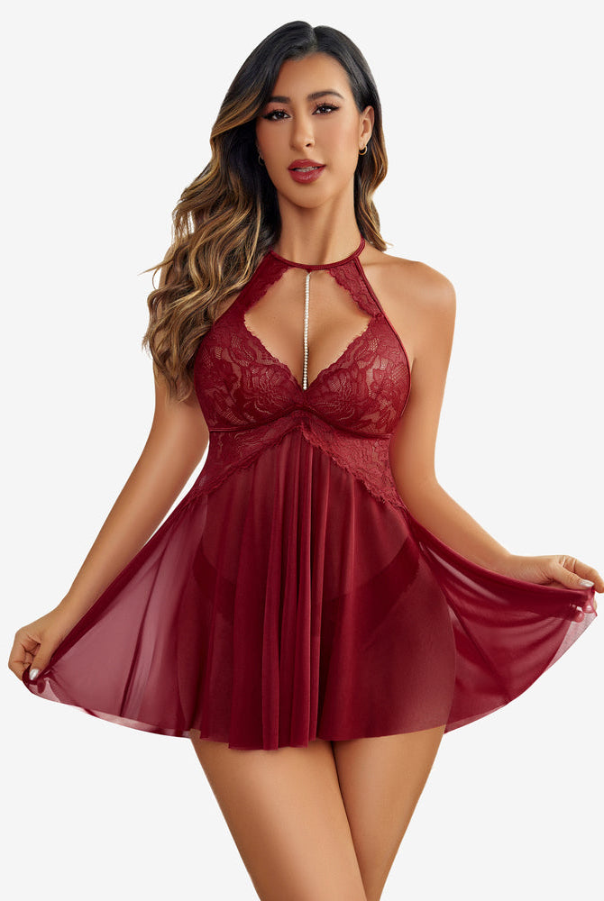 Wine red halter mesh babydoll with lace cups, ruched V center, flared pleated skirt