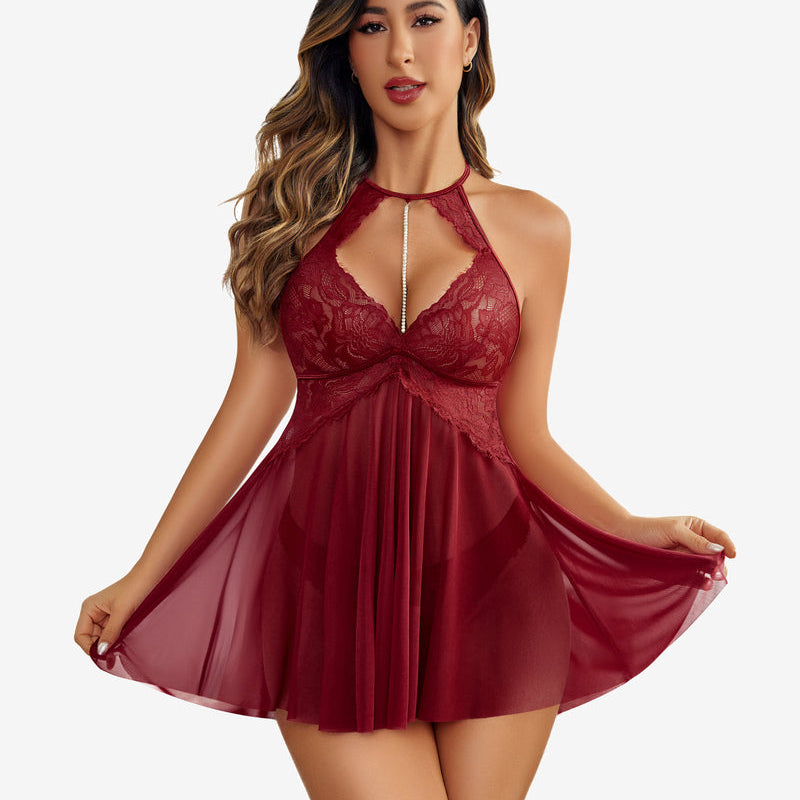Wine red halter mesh babydoll with lace cups, ruched V center, flared pleated skirt