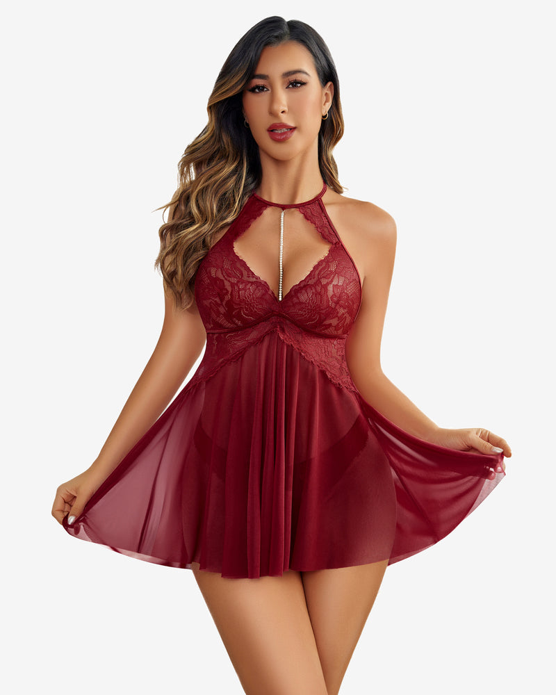Burgundy halter mesh babydoll lingerie with lace, rhinestone detail. Elegant and stunning nightwear.